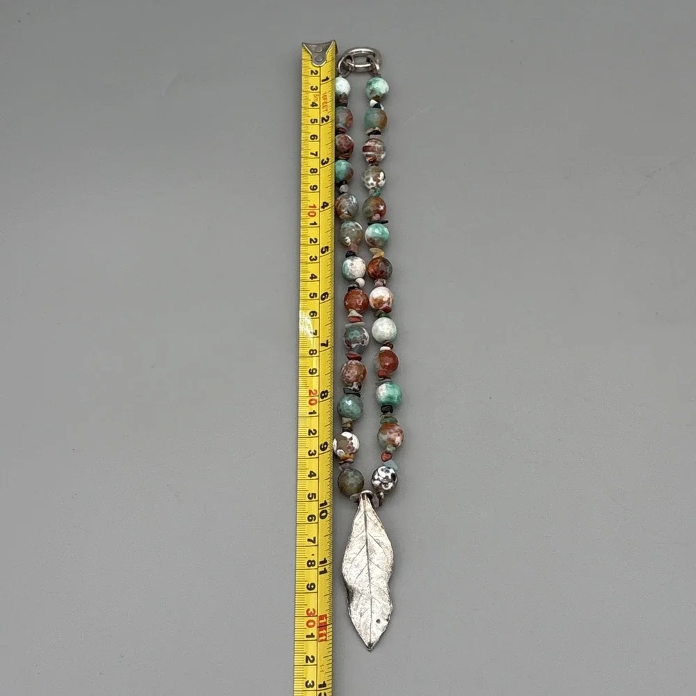 VTG Artisan Beaded Natural Gemstone Agate? Jasper? Silver Leaf Necklace GIFT 20